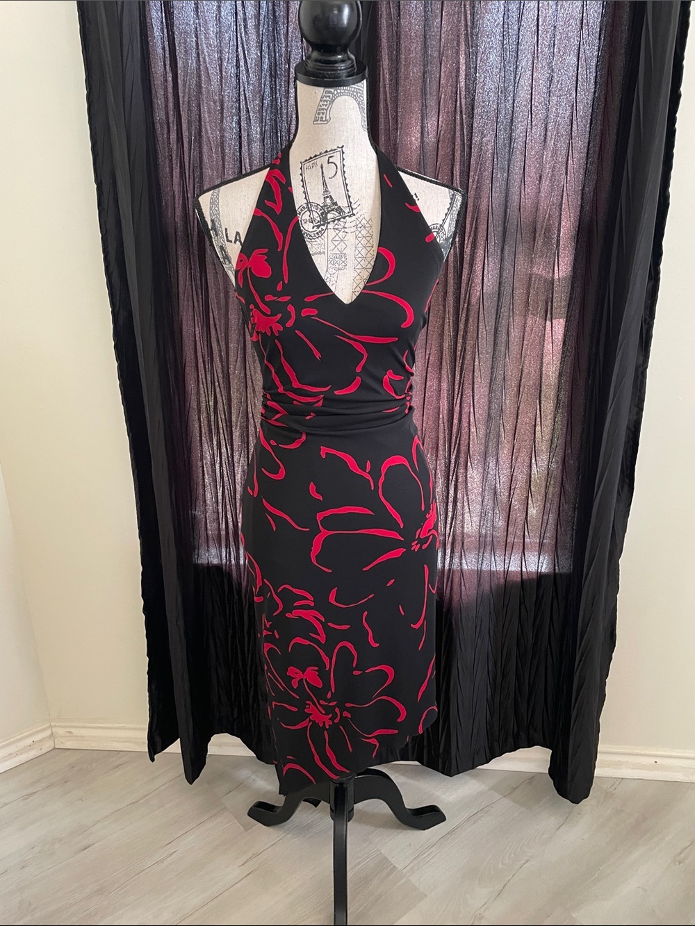 David Meister Black Halter Dress with Red Floral Pattern